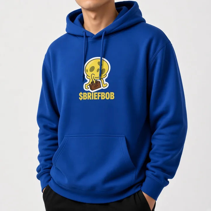 Yellow BriefBob with a brown briefcase design on the $BRIEFBOB hoodie