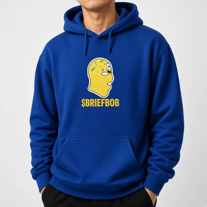 Yellow BB ski mask design on the $BRIEFBOB hoodie