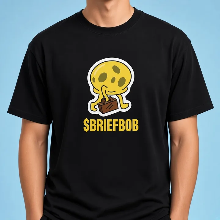 Yellow BriefBob with a brown briefcase design on the $BRIEFBOB tee