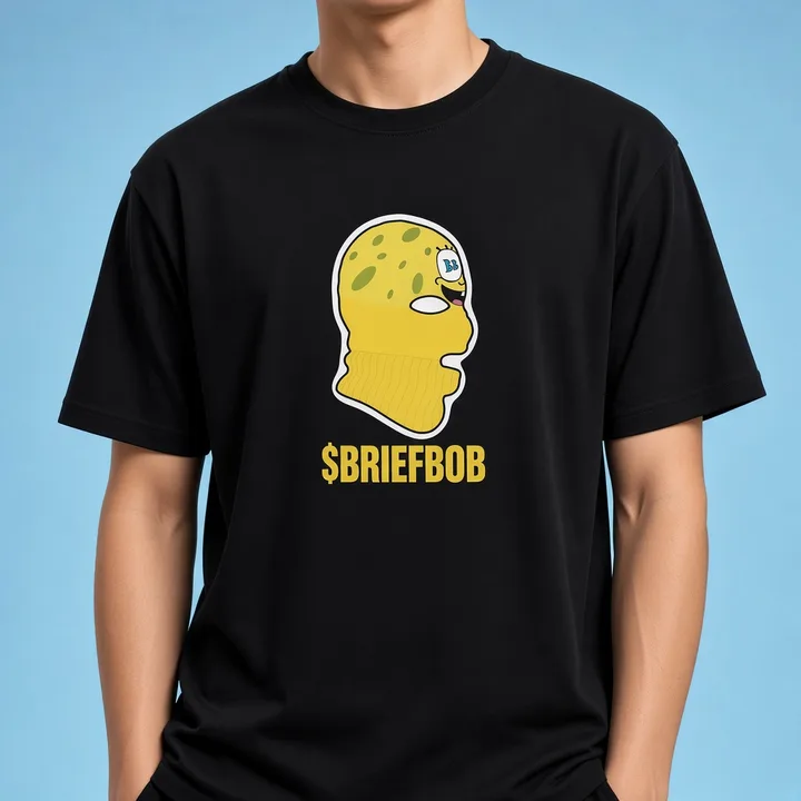 Yellow BB ski mask design on the $BRIEFBOB tee